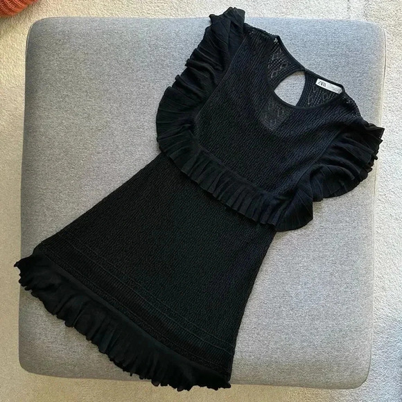 ZARA Black Crochet Knit Textured Dress Small - Picture 2 of 11